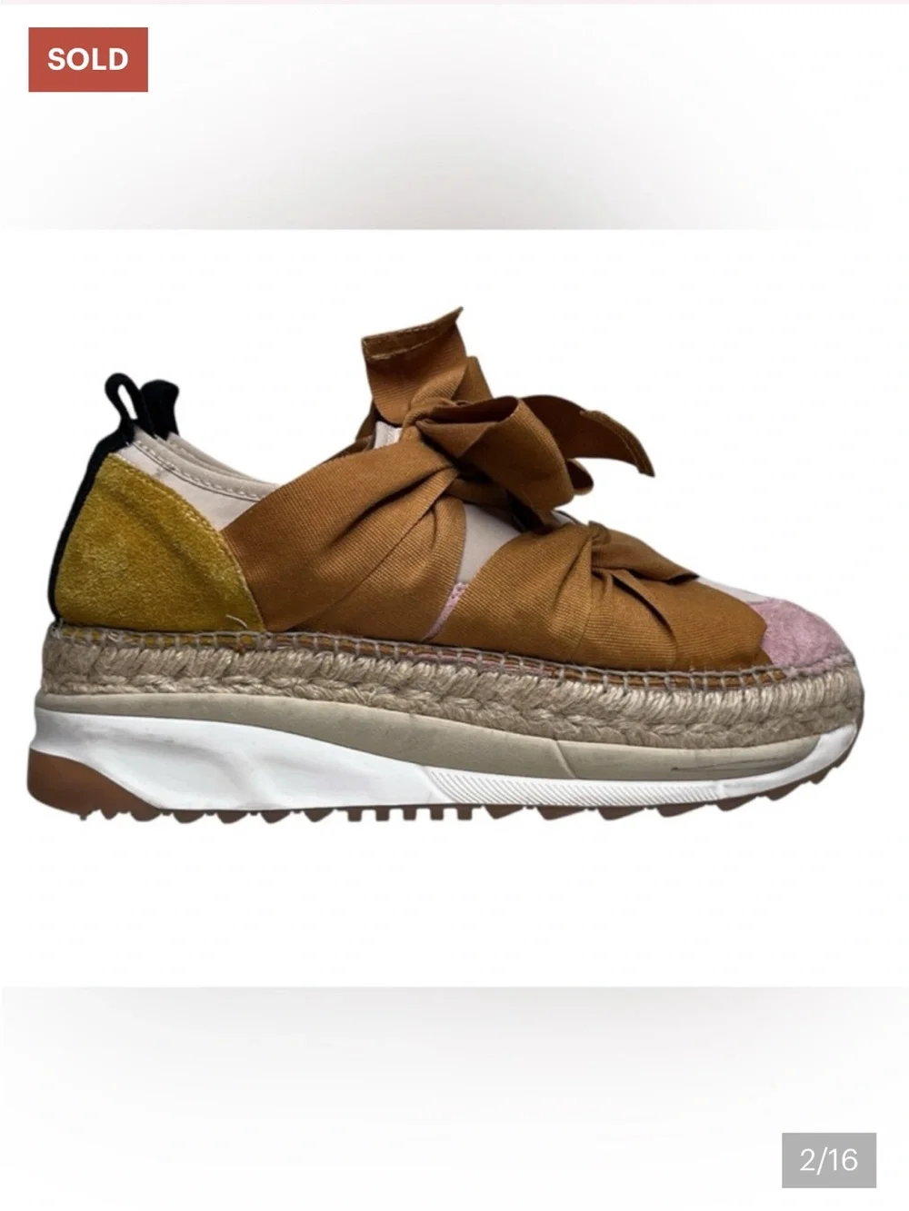 CHANEL Laced Free Tan & Pink Canvas Espadrille Platform Sandals with Ribbon Ties